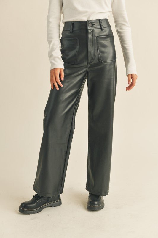 Black Faux Leather Straight Leg Pants as part of an outfit