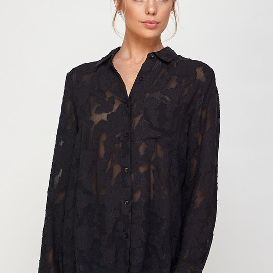 Luna Mesh Blouse in black, button-down design with breathable mesh fabric, perfect for layering.