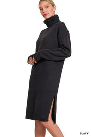 Black sable turtleneck sweater dress with long sleeves and side slit, perfect for cool weather styling.