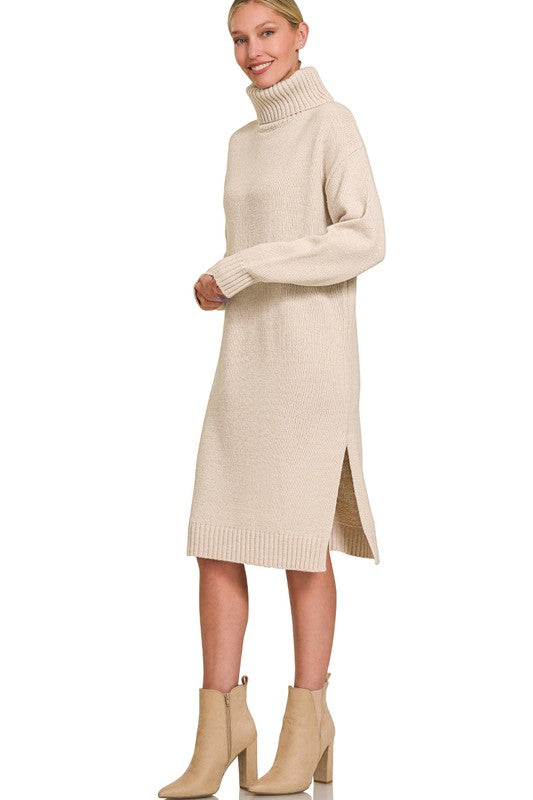 Woman wearing sable turtleneck sweater dress with long sleeves and side slit, styled with beige ankle boots.