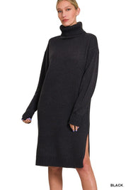 Black sable turtleneck sweater dress with long sleeves and soft knit texture, perfect for cool weather and chic style.