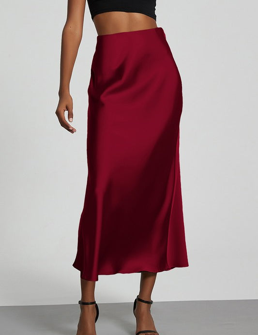 Celeste Satin Skirt in rich burgundy, A-line design, 100% polyester, perfect for day or night outfits.