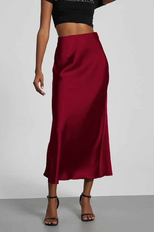 Celeste Satin Skirt in rich burgundy, A-line design, 100% polyester, perfect for day or night outfits.