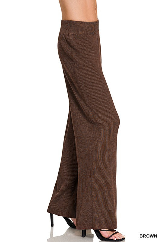 Brown Romy Ribbed Sweater Pants with elastic waistband, made from ultra-soft ribbed viscose fabric for cozy, chic style.