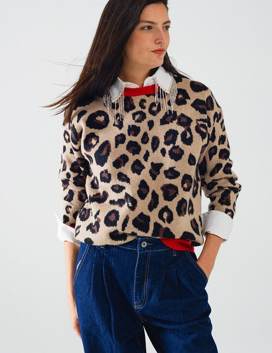 Scarlett Leopard Sweater with vibrant red collar and cuffs, featuring a relaxed fit and stylish leopard print design.