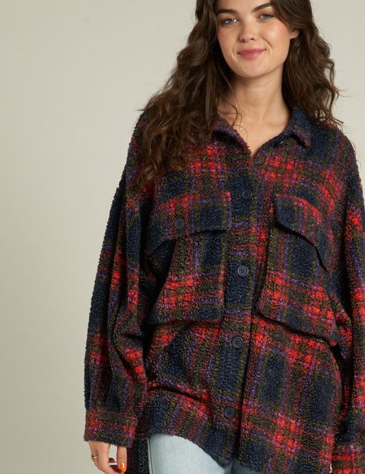 Indie Plaid Shacket with cozy, oversized fit featuring a fuzzy plaid design, perfect for layering in casual outings.