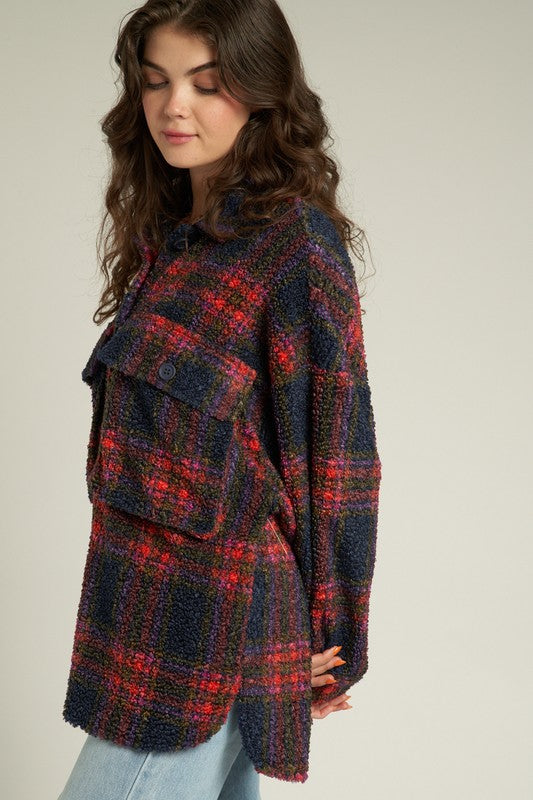 Indie Plaid Shacket in fuzzy plaid, oversized fit, perfect for layering and casual outings.