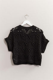 Kate Knit TopThe Kate Knit Top is a perfect blend of style and comfort. This crochet knit short sleeve top features an intricate crochet pattern that adds a touch of vintage charm. The short sleeves and lightweight fabric make it ideal for warm weather, w