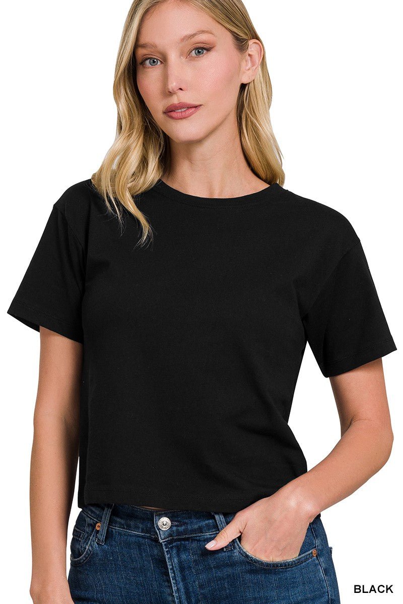 Anna Crop TeeRefresh your basics for this season with the Anna Crop Tee! With a crew neckline, short sleeves, a cropped hem, and a loose fit through the body, the Anna Tee is effortlessly stylish. A must have wardrobe piece that can be worn an infinite nu