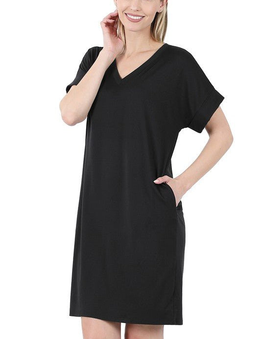 Daisy T-Shirt DressIntroducing the Zoe Brushed DTY Rolled Short Sleeve V-Neck Dress, your new go-to piece for effortless style and unparalleled comfort. Crafted from the finest quality Brushed DTY fabric, this dress offers a luxurious feel that's as soft