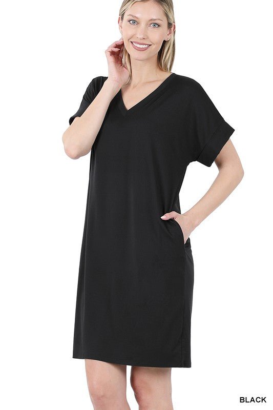 Daisy T-Shirt DressIntroducing the Zoe Brushed DTY Rolled Short Sleeve V-Neck Dress, your new go-to piece for effortless style and unparalleled comfort. Crafted from the finest quality Brushed DTY fabric, this dress offers a luxurious feel that's as soft