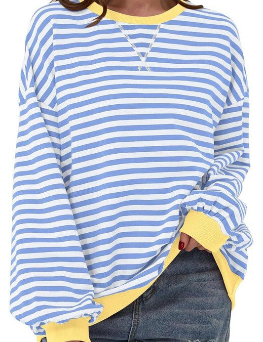 Fiona Stripe Long SleeveElevate your casual wardrobe with the Fiona Stripe Pullover, featuring a stylish contrast neck and sleeves paired with a striped body for a chic and contemporary look. This pullover offers a modern twist on classic styling, making
