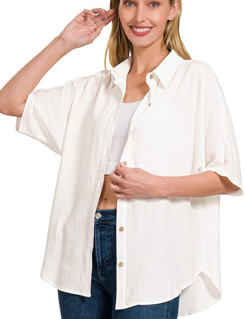 Jaya Linen Button UpWith a casual, oversized fit in a floaty linen fabric, the Jaya Button Up is the perfect easy breezy piece! Perfect for evenings on a patio or days at the beach, this versatile piece is a spring & summer must have SIZE & FIT Fit: This