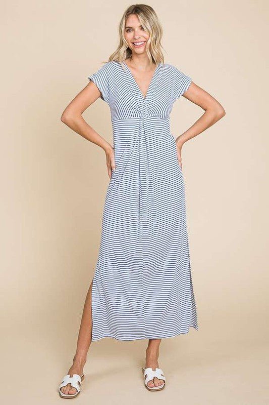 Justine Twist Front MaxiElevate your style with our Twist Detail Maxi Striped Dress, designed for the modern woman who values both comfort and chicness. Featuring a flattering front twist detail, cap sleeves, and a V-neckline, this dress offers a sophisti