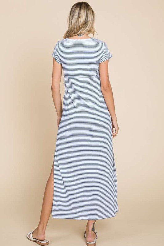 Justine Twist Front MaxiElevate your style with our Twist Detail Maxi Striped Dress, designed for the modern woman who values both comfort and chicness. Featuring a flattering front twist detail, cap sleeves, and a V-neckline, this dress offers a sophisti