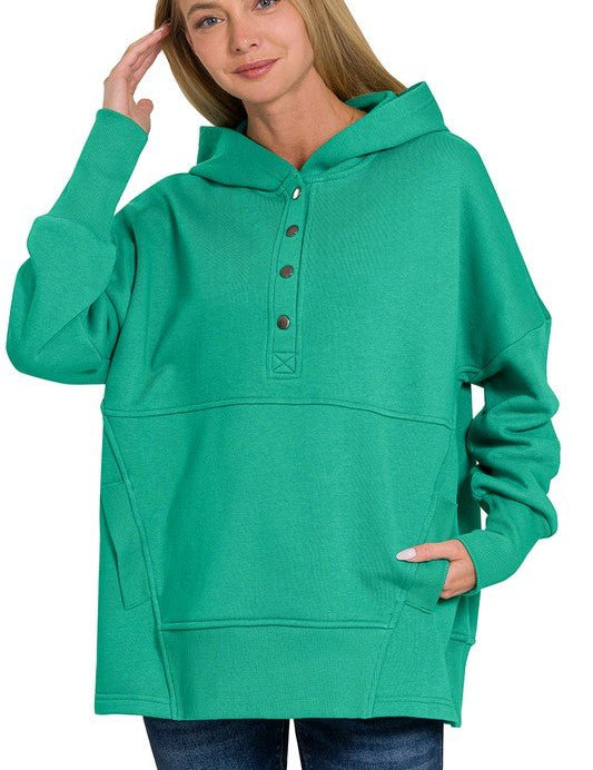 Luisa Half Button Fleece HoodieIntroducing our cozy yet stylish Luisa Half Button Fleece Hooded Pullover, your new go-to for comfort and casual flair. Crafted with your comfort in mind, this pullover features a half-button closure for adjustable ventilati
