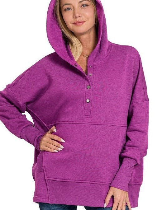Luisa Half Button Fleece HoodieIntroducing our cozy yet stylish Luisa Half Button Fleece Hooded Pullover, your new go-to for comfort and casual flair. Crafted with your comfort in mind, this pullover features a half-button closure for adjustable ventilati