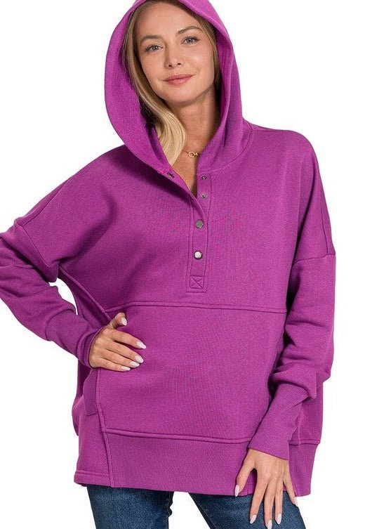 Luisa Half Button Fleece HoodieIntroducing our cozy yet stylish Luisa Half Button Fleece Hooded Pullover, your new go-to for comfort and casual flair. Crafted with your comfort in mind, this pullover features a half-button closure for adjustable ventilati