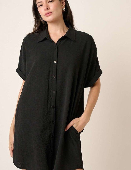 Maria Shirt DressIntroducing our Airflow Woven Fabric Mini Dress, the epitome of casual elegance for your spring and summer wardrobe! Crafted with lightweight airflow woven fabric, this dress offers unrivaled comfort and breathability, perfect for warm-we