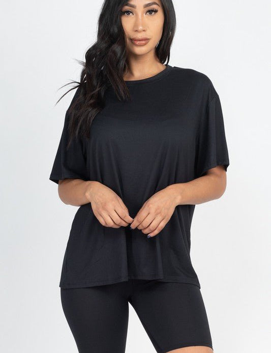 Meg Bike Shorts SetThis soft and lightweight set is perfect for on the go, lounging at home, and everything in between. Made of a super soft stretch jersey fabric, the round neck tshirt features an oversized fit, and the high rise bike shorts feature an e