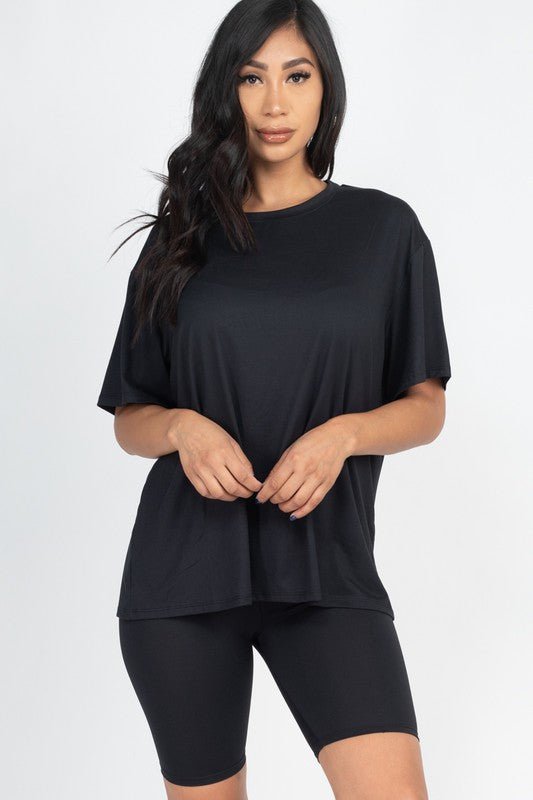 Meg Bike Shorts SetThis soft and lightweight set is perfect for on the go, lounging at home, and everything in between. Made of a super soft stretch jersey fabric, the round neck tshirt features an oversized fit, and the high rise bike shorts feature an e