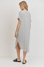 Rina Stripe DressIntroducing our Rounded Hems Striped Rib Knit Dress, effortlessly blending comfort with style. Crafted from a heavyweight, stretchy rib knit fabric, this dress features a relaxed silhouette with rounded hems and convenient pockets. With a