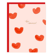 Be My Valentine CardBright, painterly hearts pair with a handwritten sentiment to share a note of love with your Valentine. Paper: Crisp white heavyweight paper | Envelope Color: pure white | Size: A2 folded 4.25” x 5.5” | Printing Type: digital + copper