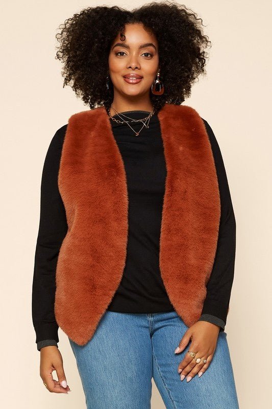 Chestnut Vest - FINAL SALEDESCRIPTION: Curve Selection Faux Fur Vest with Pocket Made In: Imported Content: Washing Instructions: Machine Wash Cold / Hang to Dry Fit: TTSChestnut Vest - FINAL SALE}Style BarSkies Are BlueStyle Bar