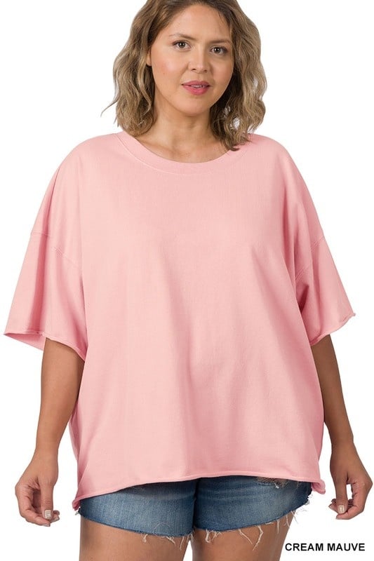 Curve French Terry Drop Shoulder Top - FINAL SALEPRODUCT DESCRIPTION: The French Terry Drop Shoulder Top is made of a soft french terry fabric, featuring a drop shoulder and a loose fit through the body. Raw edge hem and sleeves, ribbed neckline SIZE & FI