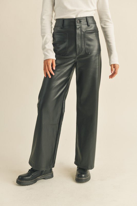 Dallas Pocket Pant - FINAL SALELeather is a fall classic, and these faux leather pants fit the bill! Featuring a high rise waist, wide leg fit, and trending front utility style pockets, these pants are sure to be your new go to this season! SIZE & FIT Fit