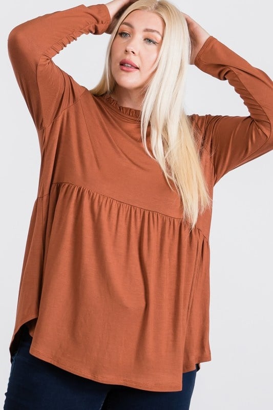 Fallon Top - FINAL SALEDESCRIPTION: Ruffle mock neck baby doll top with keyhole back with half-ball button closure detail. Made In: Imported Content: 95% Rayon / 5% Spandex Washing Instructions: Machine Wash Cold / Hang to Dry Fit: TTSFallon Top - FINAL S