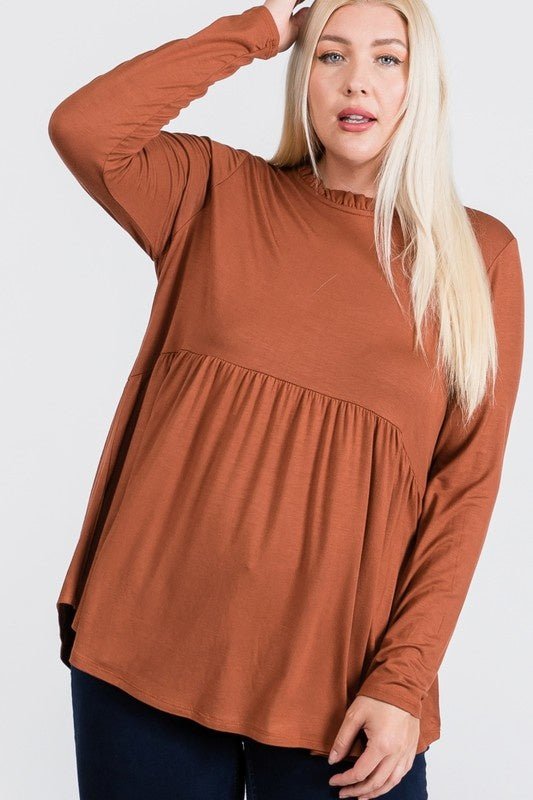 Fallon Top - FINAL SALEDESCRIPTION: Ruffle mock neck baby doll top with keyhole back with half-ball button closure detail. Made In: Imported Content: 95% Rayon / 5% Spandex Washing Instructions: Machine Wash Cold / Hang to Dry Fit: TTSFallon Top - FINAL S