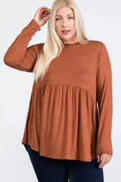 Fallon Top - FINAL SALEDESCRIPTION: Ruffle mock neck baby doll top with keyhole back with half-ball button closure detail. Made In: Imported Content: 95% Rayon / 5% Spandex Washing Instructions: Machine Wash Cold / Hang to Dry Fit: TTSFallon Top - FINAL S