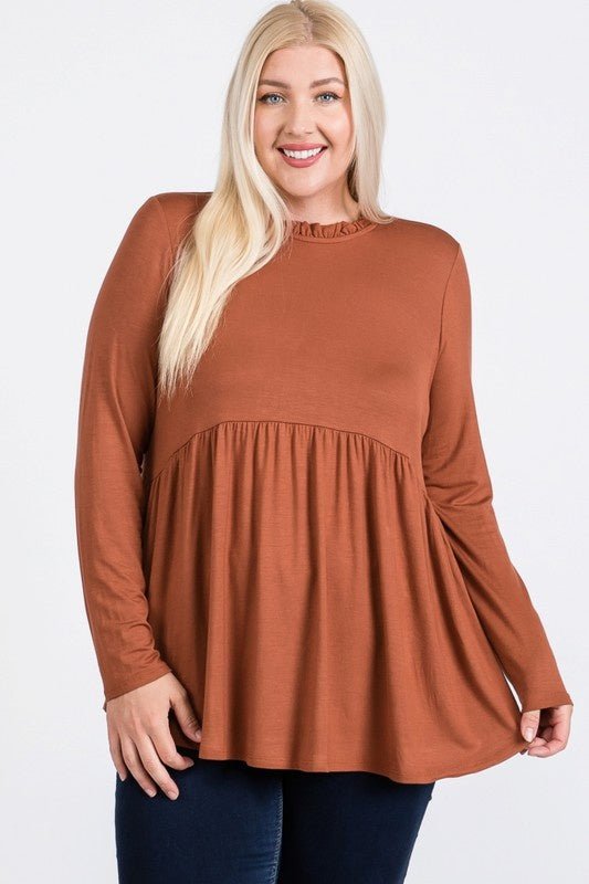 Fallon Top - FINAL SALEDESCRIPTION: Ruffle mock neck baby doll top with keyhole back with half-ball button closure detail. Made In: Imported Content: 95% Rayon / 5% Spandex Washing Instructions: Machine Wash Cold / Hang to Dry Fit: TTSFallon Top - FINAL S