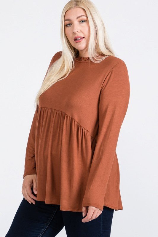 Fallon Top - FINAL SALEDESCRIPTION: Ruffle mock neck baby doll top with keyhole back with half-ball button closure detail. Made In: Imported Content: 95% Rayon / 5% Spandex Washing Instructions: Machine Wash Cold / Hang to Dry Fit: TTSFallon Top - FINAL S