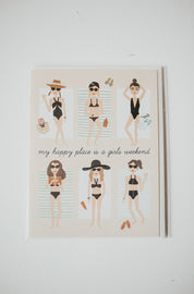 Happy Place Greeting CardMy Happy Place Is A Girls Weekend greeting card. Because beaches and besties go together like rosé and everything. Single blank interior greeting card with matching ivory envelope. 4.25" x 5.5" (A2 size). Made in United States of