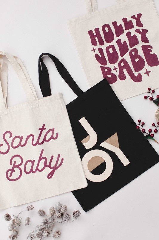 Holiday Bags - Santa Babyhigh quality 12 oz cotton canvas Width 15 inch Height 16 inch Handle 21 inchHoliday Bags - Santa Baby}Style BarSpace 46Style Bar