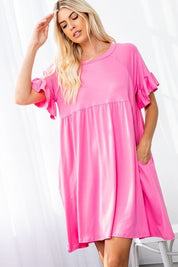 Lisa Ruffle Sleeve DressPRODUCT DESCRIPTION: The Lisa Ruffle Dress is an easy to wear piece for the spring & summer that grows with you and can easily be worn post partum. Features a babydoll silhouette, a round neckline, short ruffle sleeves, and side po