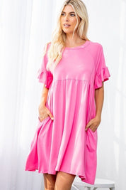 Lisa Ruffle Sleeve DressPRODUCT DESCRIPTION: The Lisa Ruffle Dress is an easy to wear piece for the spring & summer that grows with you and can easily be worn post partum. Features a babydoll silhouette, a round neckline, short ruffle sleeves, and side po