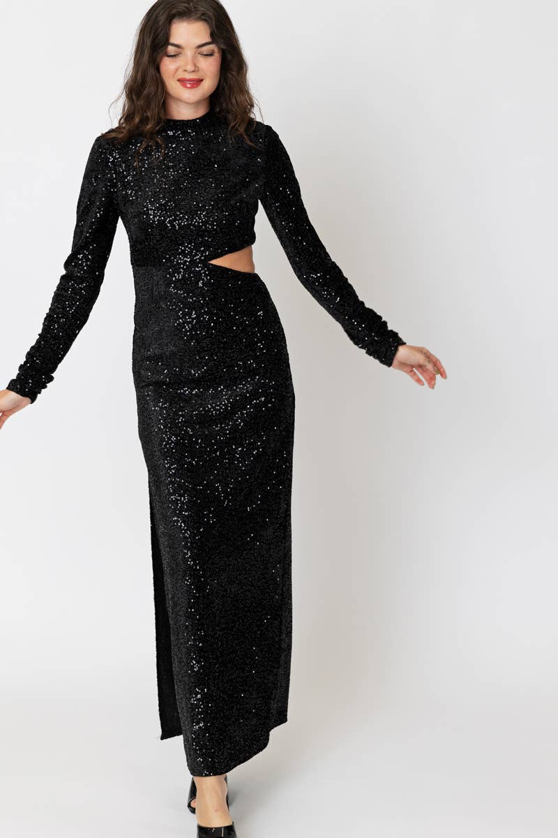 Mock Neck Sequin Maxi Dress - FINAL SALEMock Neck Sequin Maxi Dress with Side Cut-Out 100% Polyester * MODEL IS 5'8" AND IS WEARING A SMALL.Mock Neck Sequin Maxi Dress - FINAL SALE}Style BarEn CrèmeStyle Bar