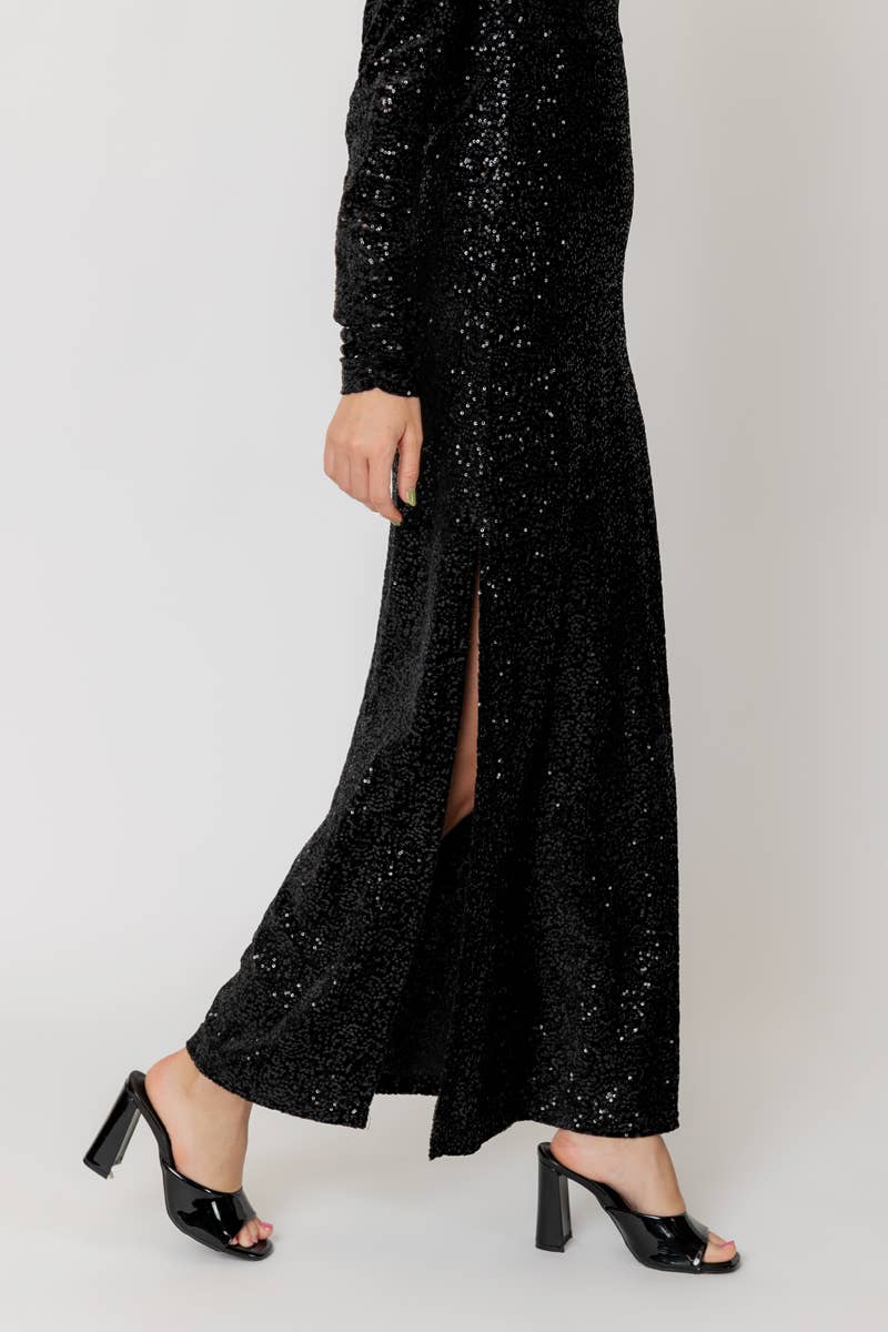 Mock Neck Sequin Maxi Dress - FINAL SALEMock Neck Sequin Maxi Dress with Side Cut-Out 100% Polyester * MODEL IS 5'8" AND IS WEARING A SMALL.Mock Neck Sequin Maxi Dress - FINAL SALE}Style BarEn CrèmeStyle Bar
