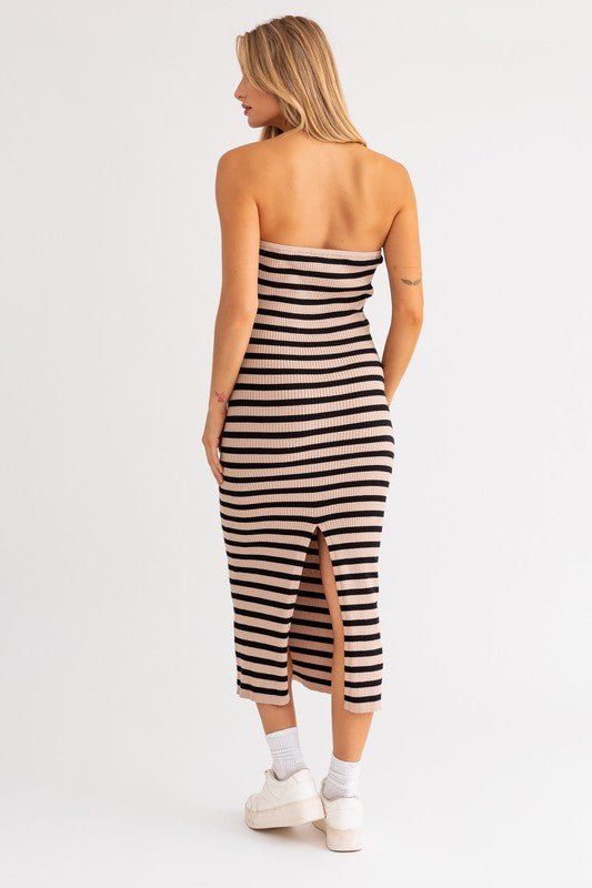 Rachel Striped Tube Dress - FINAL SALEThis versatile tube dress features a strapless neckline, midi length skirt, and hugs in all the right places. Made of a soft ribbed fabric with tons of stretch to keep you comfy all day, and all in a classic stripe pa