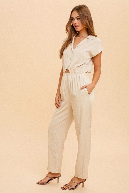 Shona Collared JumpsuitPRODUCT DESCRIPTION: Live easy in the Shona Collared Jumpsuit. Made of a lightweight woven fabric, this jumpsuit is the perfect thing to take you from brunch to errands and everything in between. Features a straight leg fit, elastic