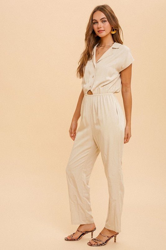 Shona Collared JumpsuitPRODUCT DESCRIPTION: Live easy in the Shona Collared Jumpsuit. Made of a lightweight woven fabric, this jumpsuit is the perfect thing to take you from brunch to errands and everything in between. Features a straight leg fit, elastic