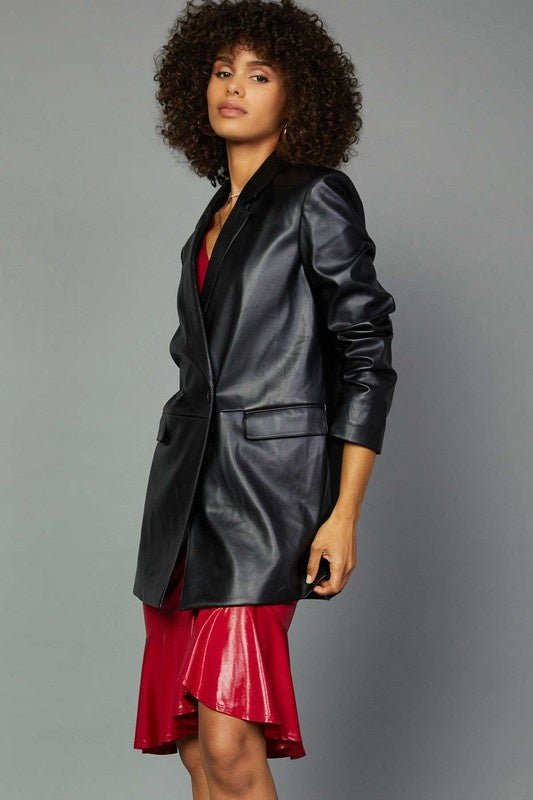 Stevie Faux Leather Blazer - FINAL SALEPRODUCT DESCRIPTION: Set trends all over town when you add the Stevie Vegan Leather Blazer to your OOTD! Buttery smooth vegan leather shapes this chic blazer that has a collared neckline with notched lapels, lightly