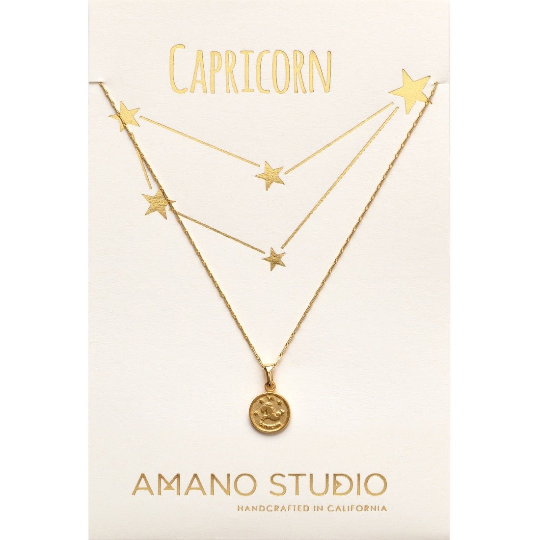 Tiny Zodiac Medallion NecklaceAdorable 1 cm diameter vintage zodiac medallions on 16" + 2" barley chain. 4k gold over brass. Carded on 100% recycled paper, letter pressed gold foil. Designed and assembled in Sonoma California. 100% made in the USA.Tiny Zo